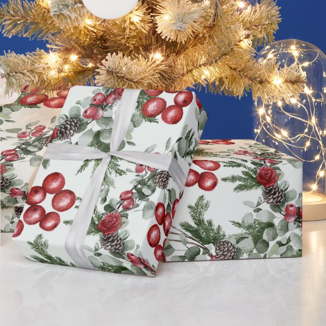 Create Your Own Red Holly & Pinecones Wrapping Paper (Holidays)