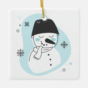 Create Your Own Retro Snowman Blue Christmas Ceramic Ornament
