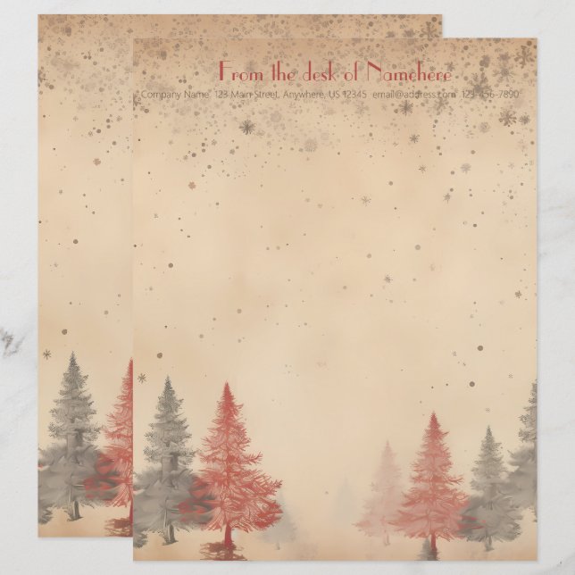 Create Your Own Retro Snowy Red Grey Trees Custom Letterhead (Front/Back)