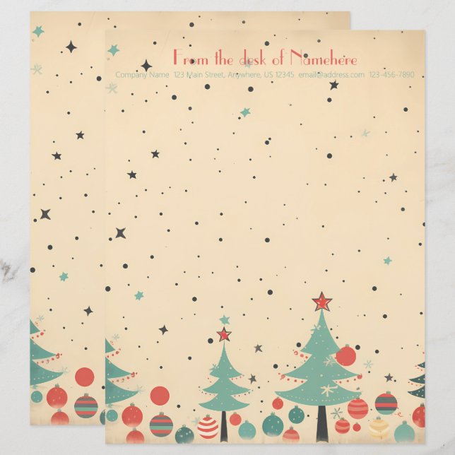 Create Your Own Retro Teal Red Ornaments Trees Custom Letterhead (Front/Back)