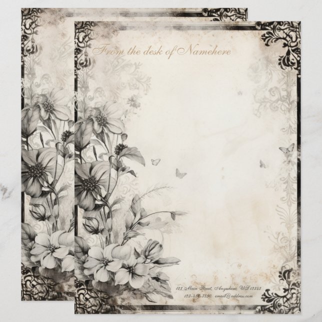 Create Your Own Romantic Gothic Grey Floral Custom Letterhead (Front/Back)