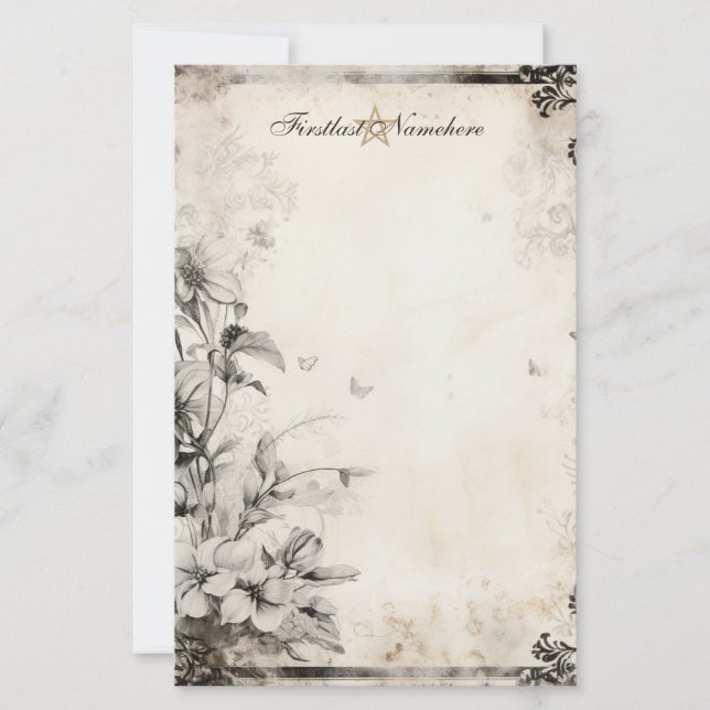Create Your Own Romantic Gothic Grey Floral Stationery (Front)