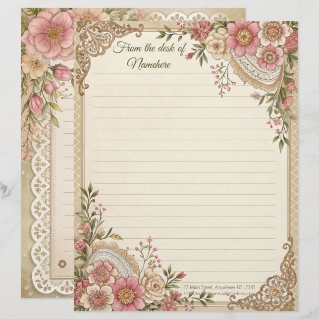 Create Your Own Romantic Lacey Flowers Note Paper Custom Letterhead (Front/Back)