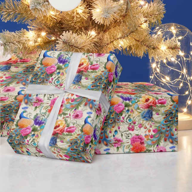 Create Your Own Romantic Peacock Floral Wrapping Paper (Holidays)