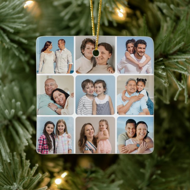 Create Your Own Round Corners 9 Photo Collage Ceramic Ornament (Tree)