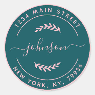 Create Your Own Round Return Address Pink Teal Classic Round Sticker