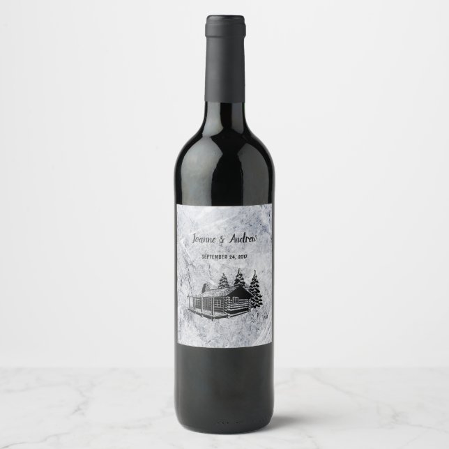 Create your own rustic mountain lodge Wedding Wine Label (Front)