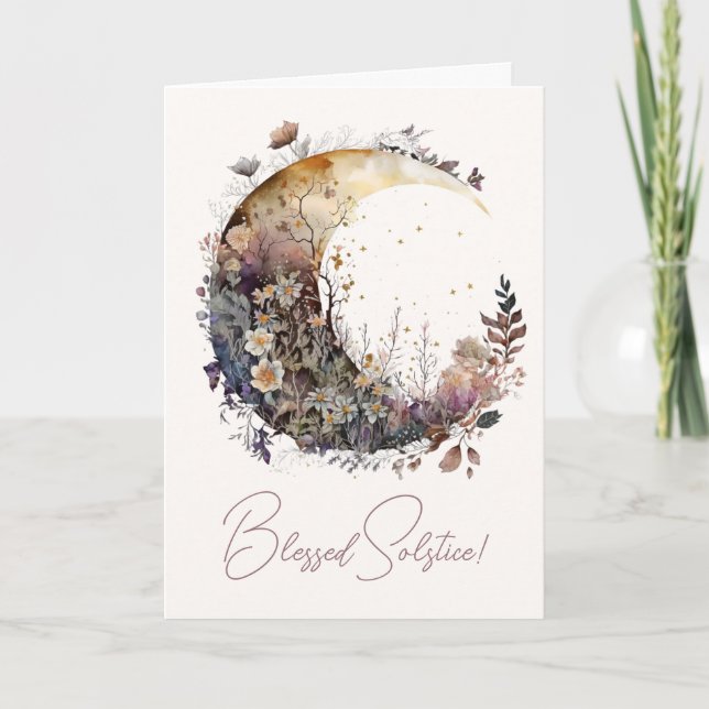 Create Your Own Rustic Sunset Floral Crescent Moon Holiday Card (Front)
