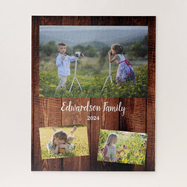 Create your own rustic wood family photo collage jigsaw puzzle (Vertical)