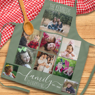 Create Your Own Sage Green 9 Photo Family Name Apron