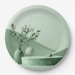 Create Your Own Sage Green White Striped Pattern Paper Plate