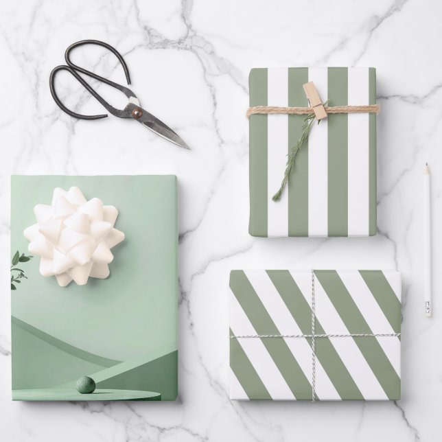 Create Your Own Sage Green White Striped Pattern Wrapping Paper Sheet (Front)