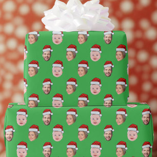 Create Your Own Santa Hat Face 3 Photo Green Wrapping Paper