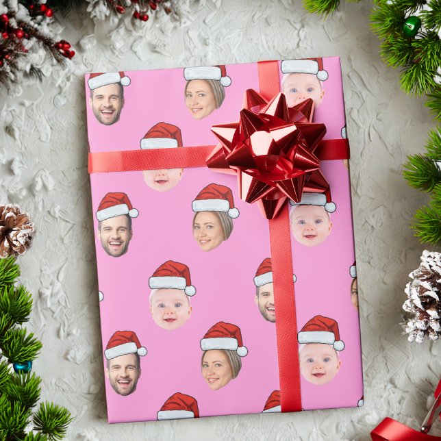 Create Your Own Santa Hat Face 3 Photo Pink Wrapping Paper (Creator Uploaded)