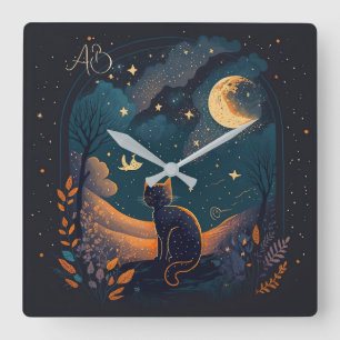 Create Your Own Scenic Mystical Black Cat Square Wall Clock