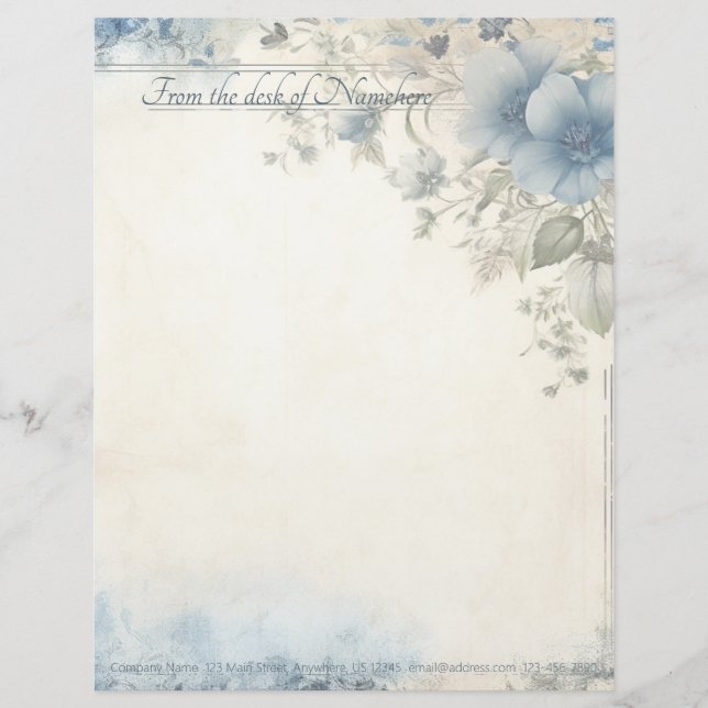 Create Your Own Shabby Chic Blue Flower Vines Custom Letterhead (Front)