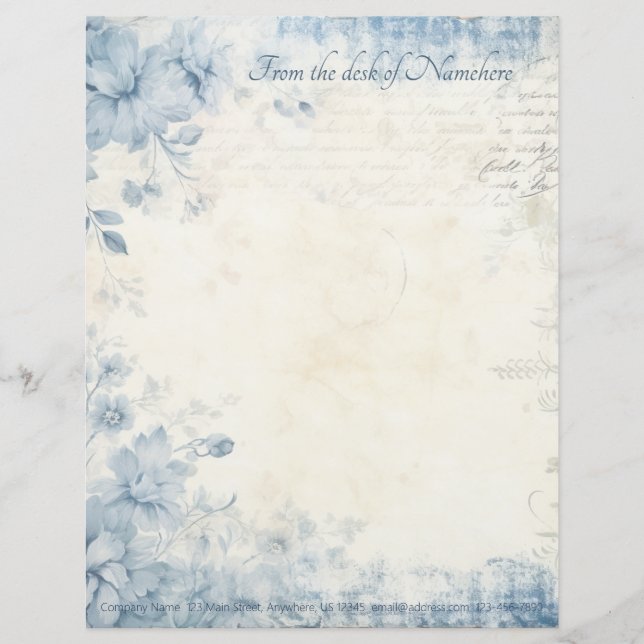 Create Your Own Shabby Chic Blue Flowers Ivory Custom Letterhead (Front)