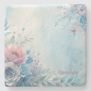 Create Your Own Shabby Chic Blue Pink Roses Stone Coaster