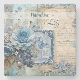 Create Your Own Shabby Chic Blue Roses Floral Stone Coaster
