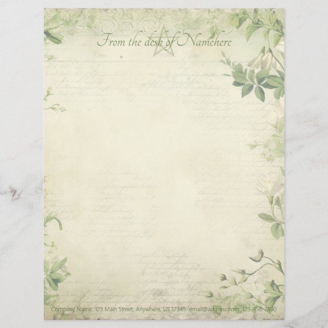 Create Your Own Shabby Chic Green Foliage Custom Letterhead (Front)