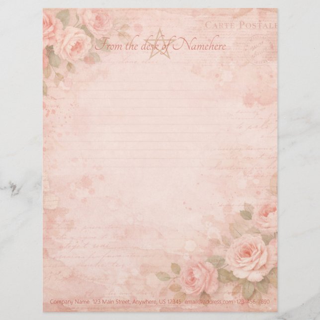 Create Your Own Shabby Chic Peach Roses Custom Letterhead (Front)