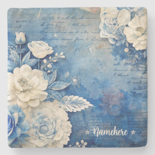 Create Your Own Shabby Chic White Rose Blue Stone Coaster