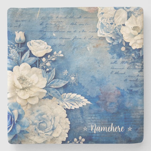 Create Your Own Shabby Chic White Rose Blue Stone Coaster (Front)