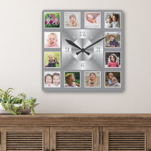 Create Your Own Silver 12 Family Photo Collage Square Wall Clock