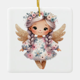 Create Your Own Silvery Floral Christmas Angel Ceramic Ornament