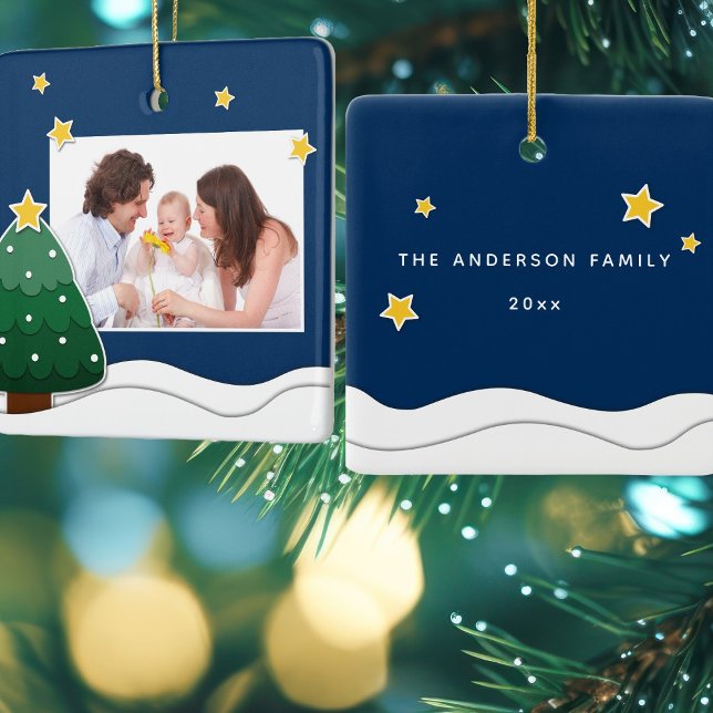 Create Your Own Snowy Christmas Tree Family Photo Ceramic Ornament (Creator Uploaded)