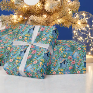 Create Your Own Songbird Garden Houses Blue Wrapping Paper