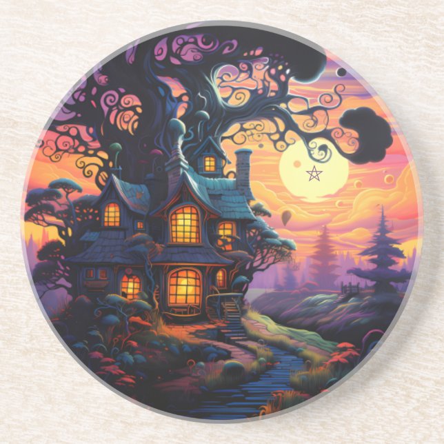 Create Your Own Spooky Witch House Sunset Coaster (Front)