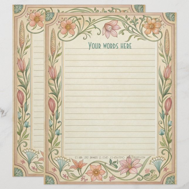 Create Your Own Spring Floral Art Deco Note Paper Custom Letterhead (Front/Back)