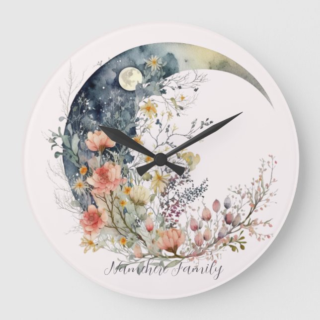 Create Your Own Spring Meadow Floral Crescent Moon Large Clock (Front)