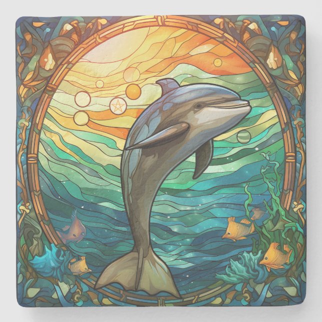 Create Your Own Stained Glass Bubbly Dolphin Stone Coaster (Front)