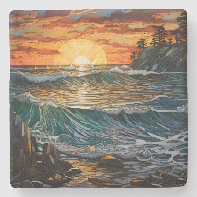 Create Your Own Stained Glass Sunset Seascape Stone Coaster (Front)