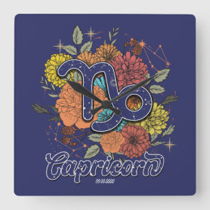 Create Your Own Starry Floral Capricorn Zodiac Square Wall Clock