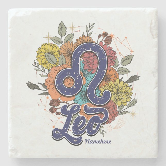 Create Your Own Starry Floral Leo Stone Coaster (Front)