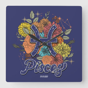Create Your Own Starry Floral Pisces Zodiac Square Wall Clock