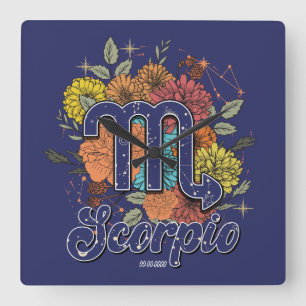 Create Your Own Starry Floral Scorpio Zodiac Square Wall Clock