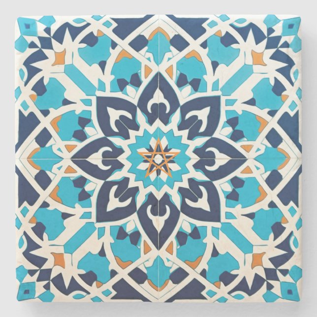 Create Your Own Teal Blue Orange Faux Talavera Stone Coaster (Front)