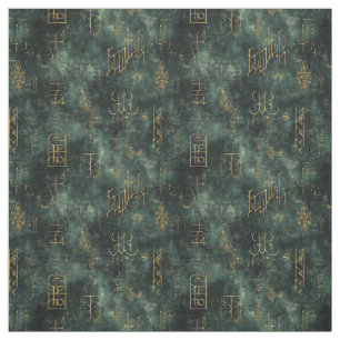 Create Your Own Teal Gold Arcane Scribbles Black Fabric