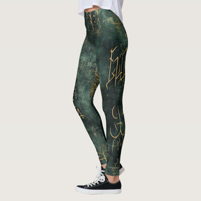 Create Your Own Teal Gold Arcane Scribbles Black Leggings (Left)