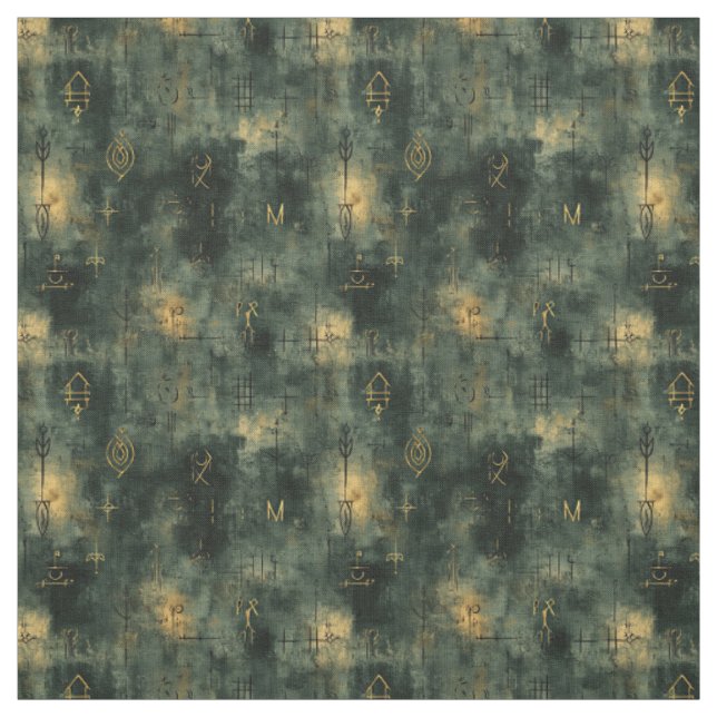 Create Your Own Teal Gold Magic Symbols Black Fabric (Swatch)