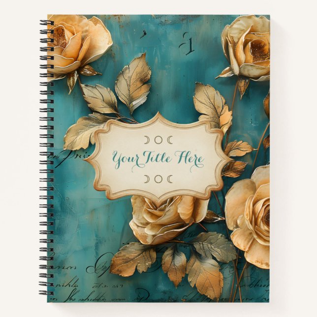 Create Your Own Teal & Golden Peach Rose Spray Notebook (Front)