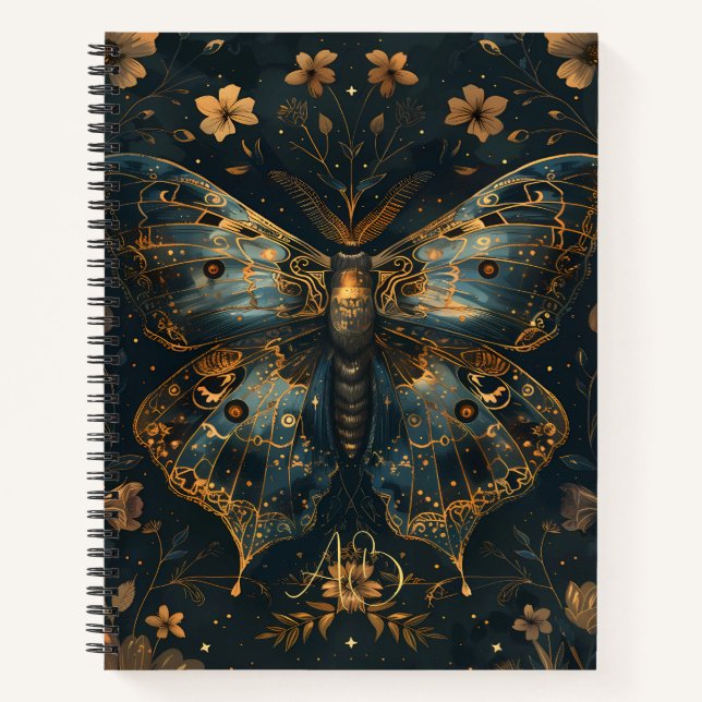 Create Your Own Victoran Blue Gold Moth Floral Notebook (Front)