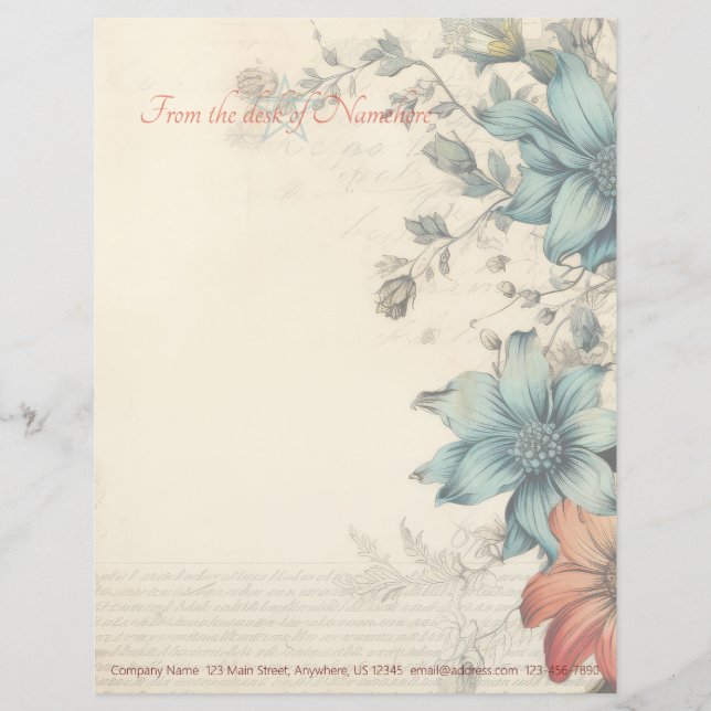 Create Your Own Victorian Orange Blue Flowers Custom Letterhead (Front)