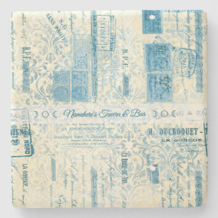 Create Your Own Vintage Blue Damask Postage Stone Coaster