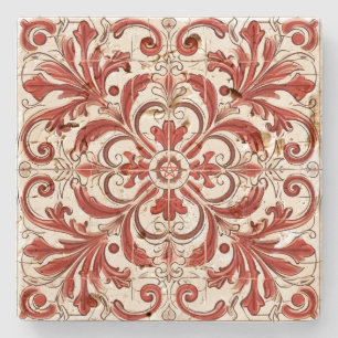 Create Your Own Vintage Burnished Scarlet Floral Stone Coaster