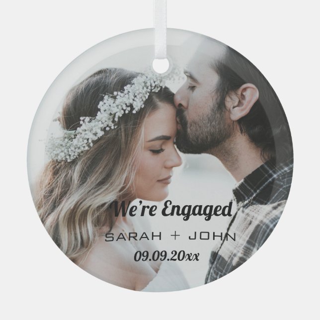 Create your own We’re Engaged Photo  Glass Tree Decoration (Front)